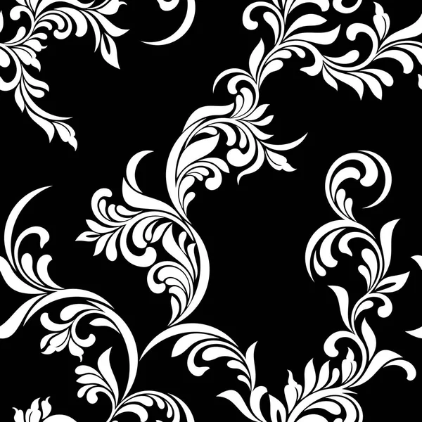 Vintage Seamless Pattern White Luxurious Vegetative Tracery Stems Leaves Black — Stock Vector