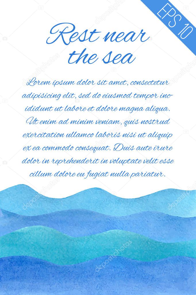 Watercolor illustration with sea and place for text. Artistic texture background. Vector illustration. 