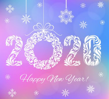 Mutlu yeni yıl 2020. Dekoratif yazı tipi swirls ve çiçek öğeleri yapılmış. Beyaz numaraları ve Noel çelenk holografik arka plan üzerinde. Tebrik kartı, afiş, poster için uygundur.