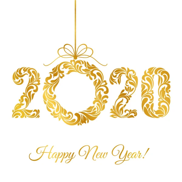 새해 복 야 2020. 소용돌이와 꽃 요소로 만든 장식 글꼴입니다. 흰색 배경에 고립 된 황금 번호와 크리스마스 화환. — 스톡 벡터