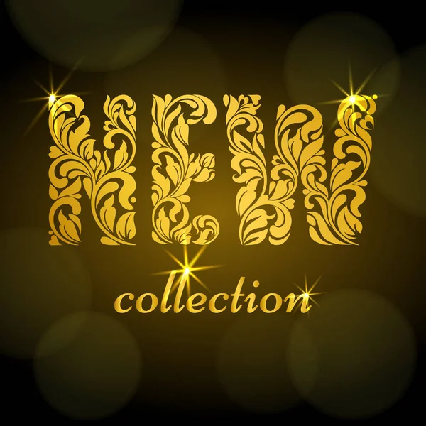 Nueva colección. Fuente decorativa dorada hecha de remolinos y elementos florales. Fondo oscuro con bokeh. Adecuado para banner o póster — Vector de stock