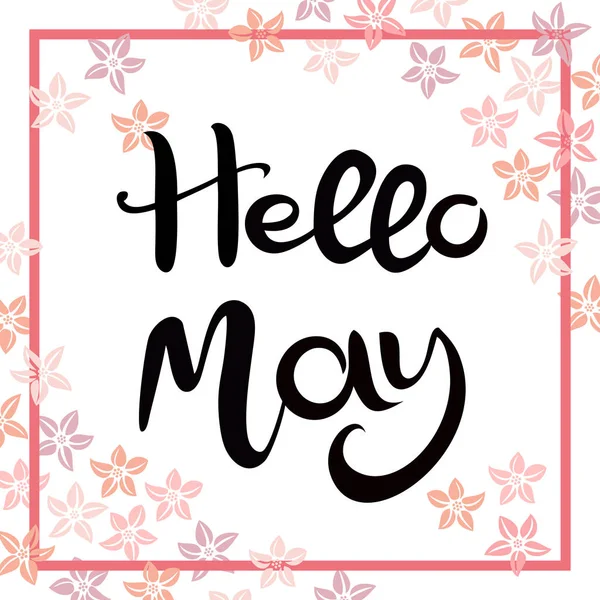 Hallo mei. Hand getekende belettering geïsoleerd op een witte achtergrond. Achtergrond is versierd met roze bloemen — Stockvector
