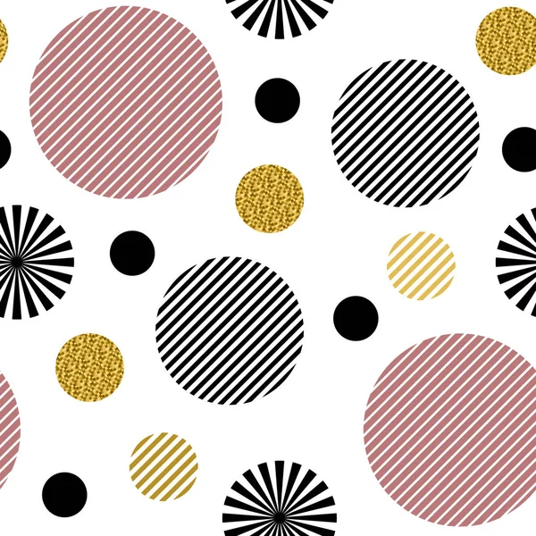 매끄러운 패턴. 줄무늬 검은 색과 분홍색 원과 흰색 배경에 고립 된 골드 반짝이 와 원. — 스톡 벡터