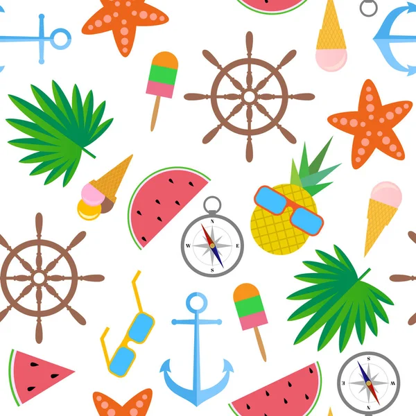 Seamless pattern. All objects isolated on white background. Watermelon, pineapple, starfish, glasses, ice cream, palm leaves, anchor, compass, steering wheel — Stock Vector