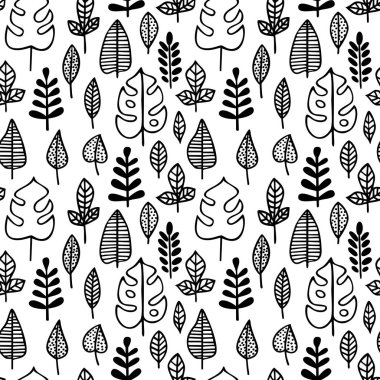 Kusursuz desen. Beyaz arka plan üzerinde izole çeşitli bitkilerin yaprakları. Baskı, duvar kağıdı, ev dekorasyonu, tekstil, paket tasarımı için doku