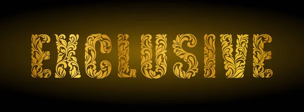 EXCLUSIVAMENTE. Golden Decorative Font feito de redemoinhos e elementos florais em fundo escuro. Adequado para banner ou cartaz — Vetor de Stock