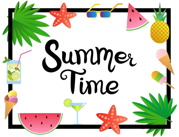 Summer Time. Lettering. Hand drawn Inscription in the frame. Decorated with watermelon, pineapple, ice cream, glasses, cocktail, starfish and palm leaves. — Stock Vector