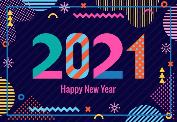 Stylový Pozdrav Šťastný Nový Rok2021 Moderní Geometrické Písmo Stylu Memphisu — Stockový vektor