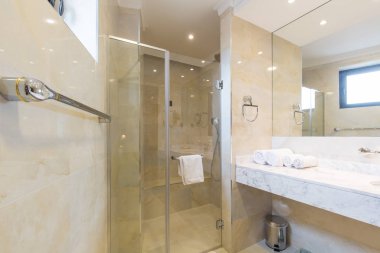 Banyo içi duş kabini olan bir otel.