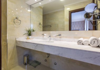 Banyo içi duş kabini olan bir otel.