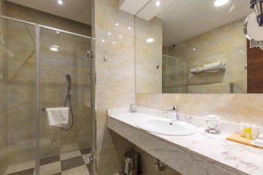 Banyo içi duş kabini olan bir otel.