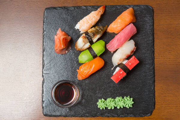 Sushi set served on black stone