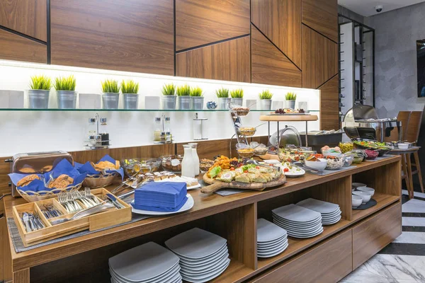 Buffet table, breakfast in hotel restaurant