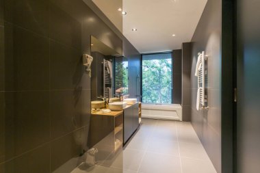 İçinde hidromasaj küveti olan lüks bir otel banyosu.