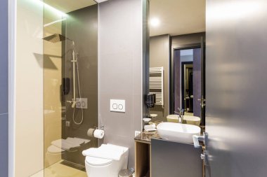 Bir otel banyosunun içinde duş kabini var.