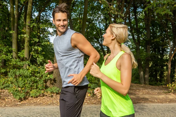 Handsome Couple Jogging Together Nature — Stock Photo, Image