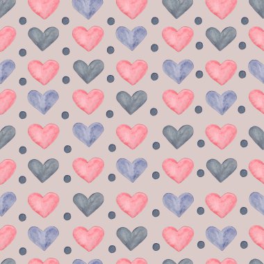 Farklı renk ve şekillerde suluboya kalplerin kusursuz deseni.