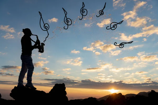 saxophone in the mountains, music and nature enjoyment