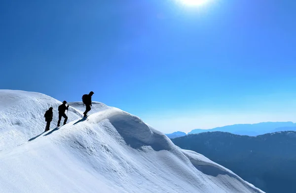 Senderismo Invierno Las Montañas Escaladores Éxito Pico — Foto de Stock