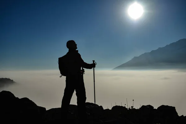 wonderful sunrise, fog clouds and summit success