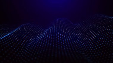 Parlayan noktaların renkli renkli bir dalgası. Karanlık bir arkaplanda hareket eden dalgaların illüzyonunu yaratıyor. Görselleştirme, geleceğin teknolojisi ve sanatını birleştiren dinamik bir 3 boyutlu dalgaya benziyor..