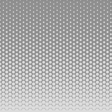 Altıgen deseninin tekrarlanması sonucu oluşan gri-beyaz gradyan ile vektör arkaplanı. Geometrik yapı, bir bal peteği ya da teknolojik süsü andıran derinlik etkisi yaratıyor..