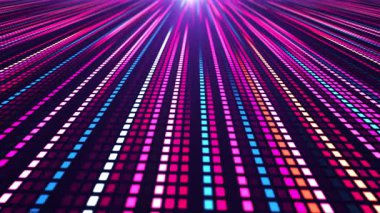 Uzağa doğru uzanan çok renkli piksellerin renkli parlak çizgileriyle animasyon. Bir neon hareket efekti oluşturur, bir kalp ya da müzik dengeleyicisini hatırlatır.