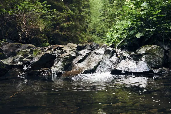 Gebirgsfluss Umgeben Von Bergen Ein Wasserfall Der Von Einer Steilen — Stockfoto