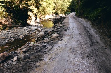 Yağmurdan sonra toprak yol. Sonbahar doğası kırsal kesimde ıslak çamurlu bir araba parçası..