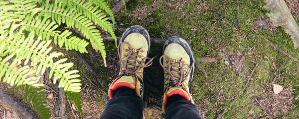 Hiking boots in outdoor action. Top View of Boot on the trail. Close-up Legs In Jeans And sport trekking shoes on green grass and rocky stones with moss of mountain autumn forest