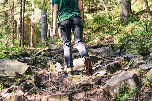 Close-up Legs In sport trekking shoes on green grass and rocky stones with moss of mountain autumn forest. Woman climbs in sporty clothes and backpack. Hiking boots in outdoor action. Top View of Boot — Stock Photo, Image