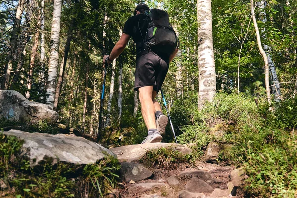 Man climbs in sneakers in outdoor action. Top View of hiking Boot on the trail. Close-up Legs In Jeans And sport trekking shoes on rocky stones of Mountain forest — Stock Photo, Image