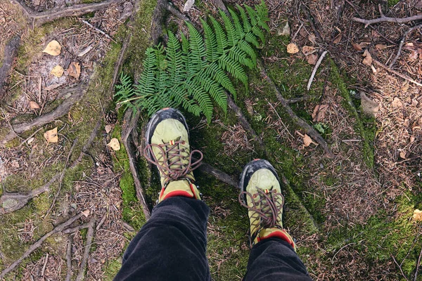 Túracipő szabadtéri akcióban. Top View of Boot az ösvényen. Közelkép Lábak farmerban És sport túracipő a hegyi folyó sziklás szikláin vízesés — Stock Fotó