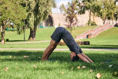 Spor giyimli genç bir adam parkta yoga yapıyor. Asana 'yı dışarıda pratik yap. Yeşil çimlerde yoga minderiyle egzersiz yapan insanlar. Güçlü, olgun, aşağı bakan beyaz adam köpek pozu veriyor..