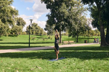 Spor giyimli genç bir adam parkta yoga yapıyor. Asana dışarıda poz veriyor. Yeşil çimlerde yoga minderiyle egzersiz yapan insanlar. Fitness ve sağlıklı yaşam tarzı. Sakinlik ve meditasyon kavramı.