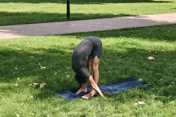 公園でヨガをしているスポーツウェアの若い運動選手 前方に立って練習屋外アサナポーズを曲げます ヨガマットで緑の草の上で運動する人々 穏やかな瞑想の概念 — ストック写真