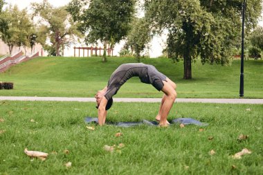 Spor giyimli genç bir adam parkta yoga yapıyor. Asana 'yı dışarıda pratik yap. Yeşil çimlerde yoga minderiyle egzersiz yapan insanlar. Tekerlekli sandalyedeki güçlü beyaz adam..