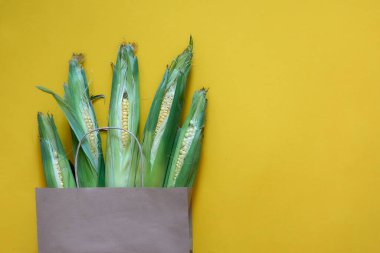 Sarı arka planda mısır hasadı olan kağıt el işi çanta. Farklı manav dükkanlarının manzarası, taze vejetaryen yeşil gıda teslimatı..