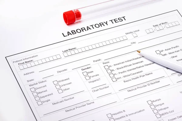 Form to fill in with empty blood test in tube