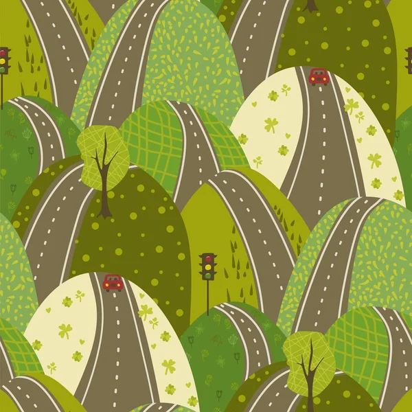 Road Through The Green Hills vetor costuras padrão fundo urbano doodle — Vetor de Stock