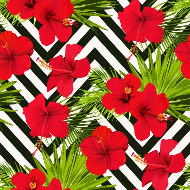 Tropikal doku soyut chevron arka plan üzerinde Hibiscus çiçek vektör seamless modeli çiçekli