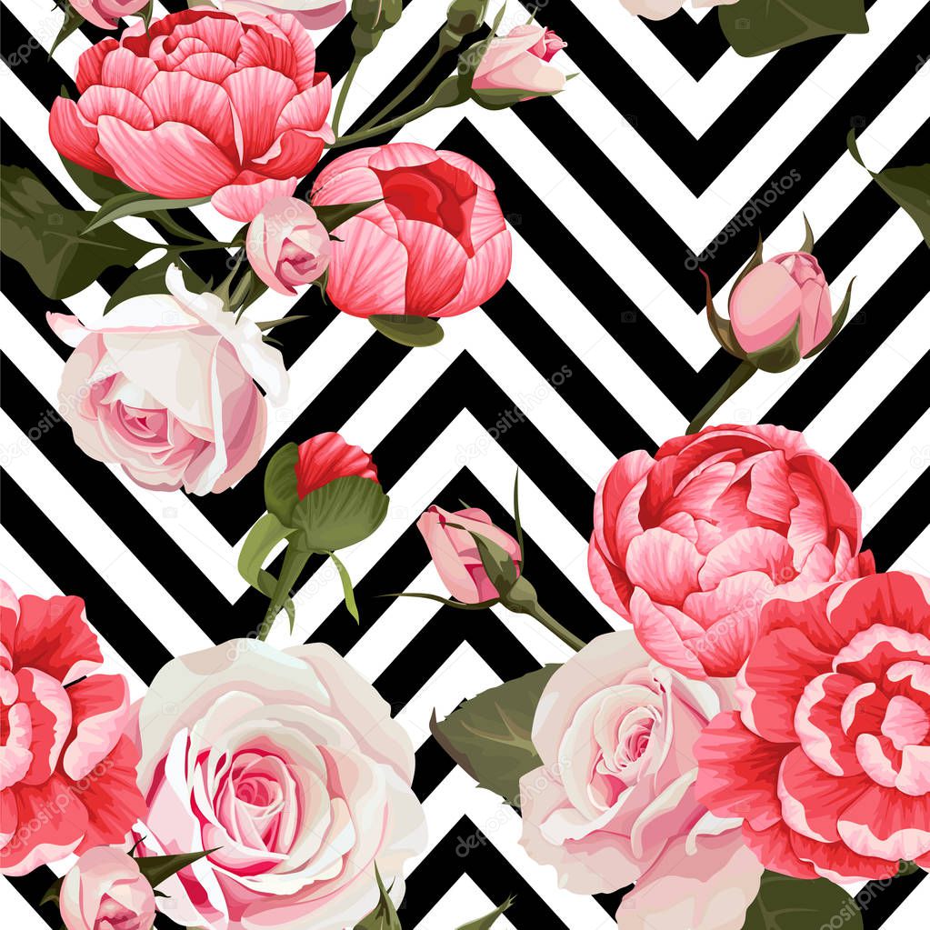 Peony and roses vector seamless pattern floral texture on a black and white chevron background