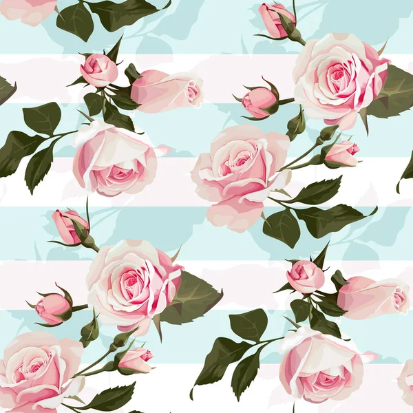 Rosa rosas em uma hortelã listras verdes padrão sem costura vetor Fundo florido de ilustração botânica — Vetor de Stock