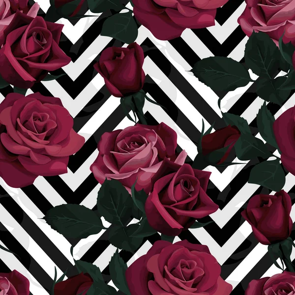 Rose rouge profond vecteur motif sans couture. Fleurs foncées sur fond chevron noir et blanc, texture fleurie — Image vectorielle