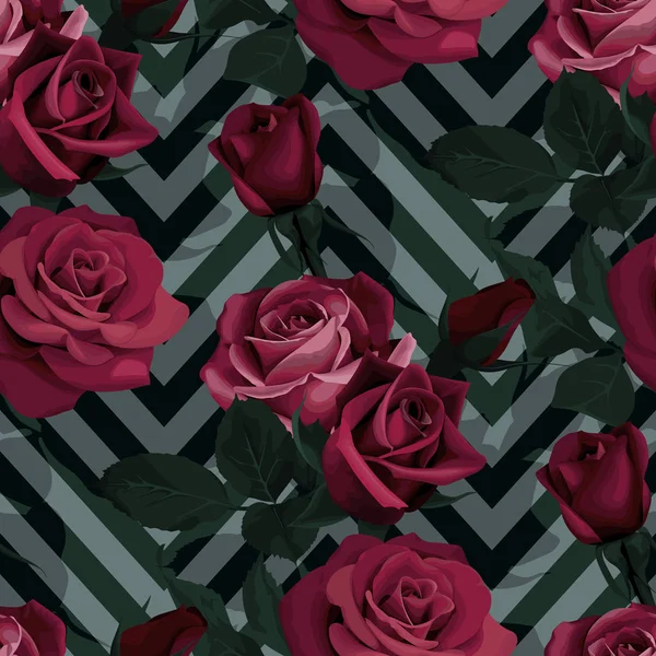 Rosas rojas profundas vector patrón sin costura. Flores oscuras sobre fondo chevron, textura floreada — Vector de stock