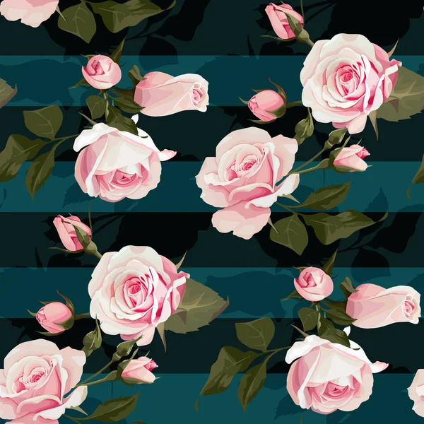 Rosas rosadas patrón de costuras vectoriales. Flores realistas sobre fondo de rayas, textura floral — Vector de stock