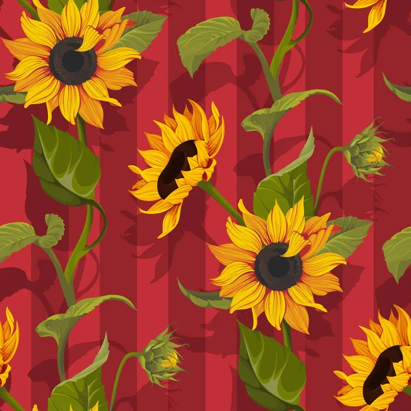 Tournesol vecteur motif sans couture texture florale sur fond rayures rouges — Image vectorielle