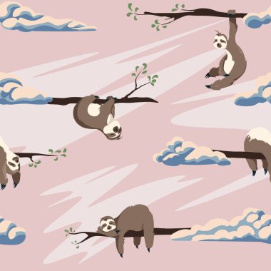 Cute sloths vector seamless pattern . Texture with cartoon animals and clouds on a pink background clipart