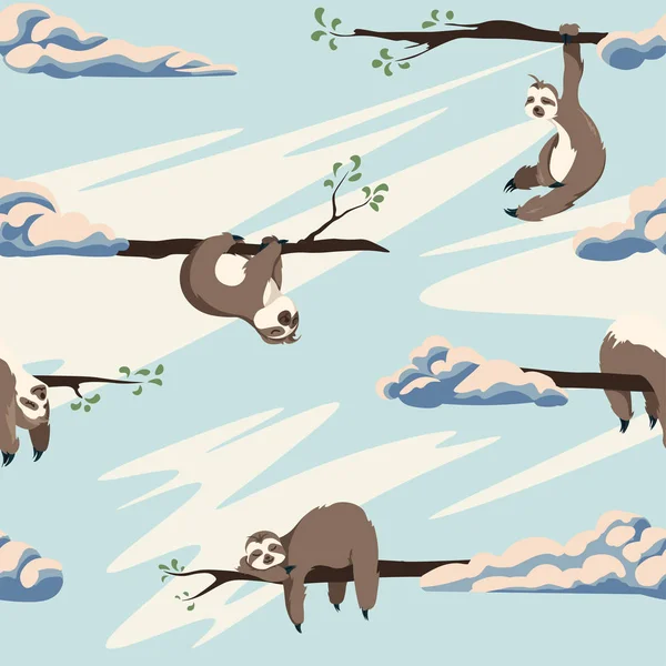 Aranyos lajhárok vektor varrat nélküli mintát. A karikatúra állatok és a felhők, a kék ég háttér textúra — Stock Vector