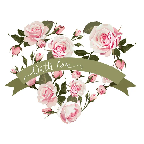 Vettoriale floreale a forma di cuore sfondo con fiori di rosa per San Valentino giorno con amore lettering mano . — Vettoriale Stock